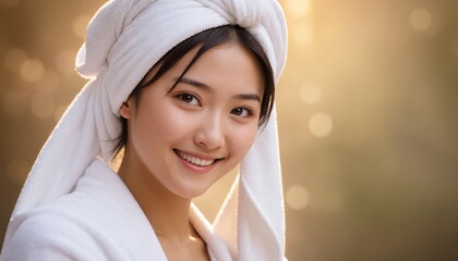 A Japanese woman enjoys a warm, calm atmosphere. Wrapped in a soft white towel, her head is decorated with a fluffy turban, and her face radiates a peaceful radiance.