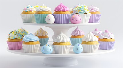 High-resolution image of a collection of Easter cupcakes, each with unique and colorful designs, on a white tiered stand, white background