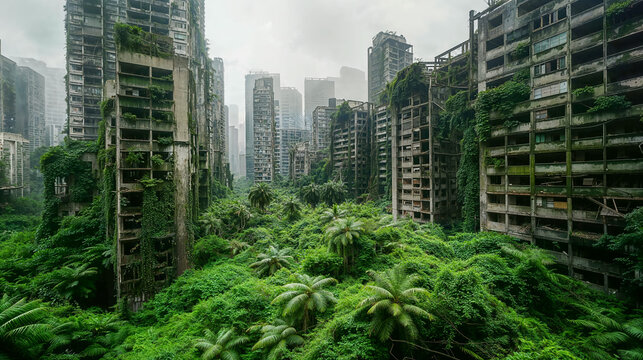 Desolate post-apocalyptic city, jungle reclaims dilapidated abandoned urban buildings overrun by lush greenery