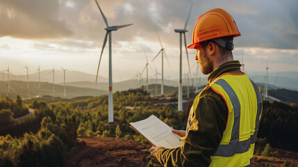 full body view of an Engineer working at alternativ energy on a onshore wind farm
 - obrazy, fototapety, plakaty