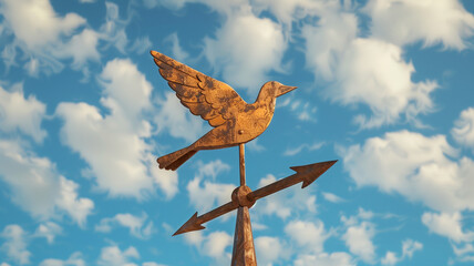 a weathervane with a wooden bird in a blue sky - obrazy, fototapety, plakaty