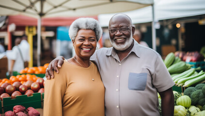 A cheerful African American senior couple navigate a bustling farmer's market, as they explore the delights of sustainable and healthy living in retirement.