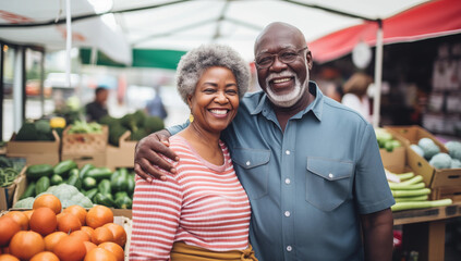 A cheerful African American senior couple navigate a bustling farmer's market, as they explore the delights of sustainable and healthy living in retirement.