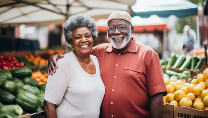 A cheerful African American senior couple navigate a bustling farmer's market, as they explore the delights of sustainable and healthy living in retirement.