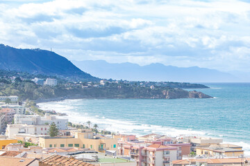Landscape of coastline and town of Cefalu , Sicily