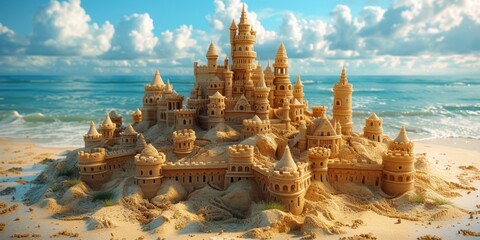 a mesmerizingly detailed sand castle boasting fantasy-inspired features and intricate finishes, a true testament to imagination. ai generated - obrazy, fototapety, plakaty