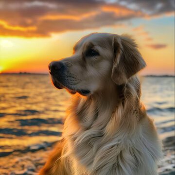 A golden retriever watching the sunset by the shore. Aesthetic dog pictures.
