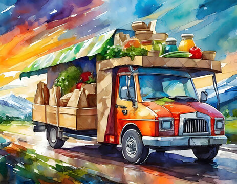Close up Food truck serving up sustainable packaging, Created Using- digital painting