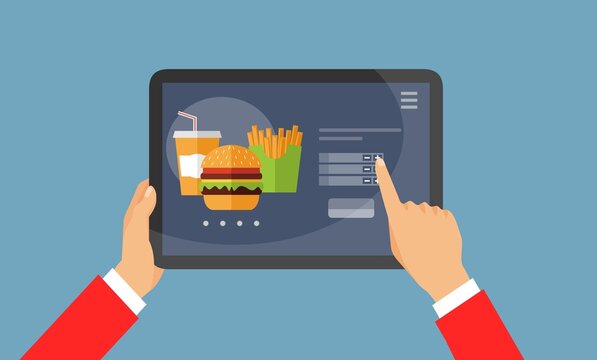 Vettore di un cliente che utilizza un'app mobile che ordina cibo online per la consegna a domicilio - illustrazioni  PIZZA FAST FOOD  delivery 