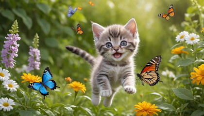 A playful striped kitten with striking blue eyes jumps joyfully, reaching for a delicate butterfly in the middle of a bright and colorful garden.