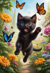 A playful black ginger kitten with striking blue eyes jumps joyfully, reaching for a delicate butterfly in the middle of a bright and colorful garden.