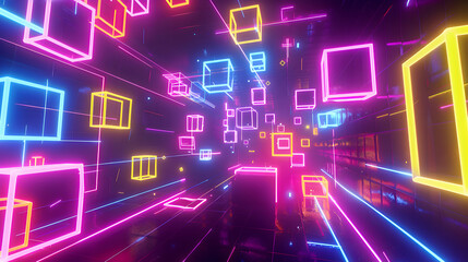 A dynamic composition featuring vibrant neon lights dancing around abstract geometric shapes.