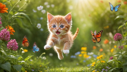 A playful striped red kitten with striking blue eyes jumps joyfully, reaching for a delicate butterfly in the middle of a bright and colorful garden.