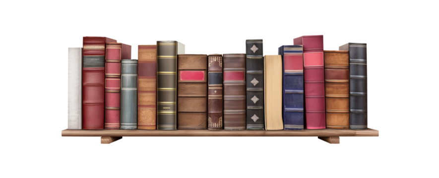 set of old antique books on a shelf. Isolated transparent premium pen tool cutout PNG background.  
