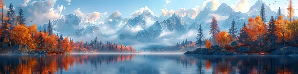 Deurstickers 16K Ultra Resolution Wallpaper, mountains and lake © Artem