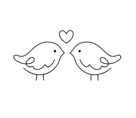 Vector isolated two pair couple little birds opposite mirror love heart symbol colorless black and white contour line easy drawing