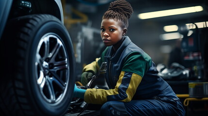 African american woman working as a car mechanic, diversity concept, portrait - obrazy, fototapety, plakaty