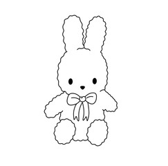 Vector isolated one single cute teddy rabbit bunny toy plush textile sitting front view colorless black and white contour line easy drawing