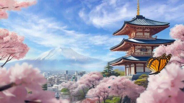 japanese temple in spring, seamless looping 4k animation video 