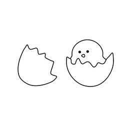 Vector isolated one single broken egg shell with nestling inside colorless black and white contour line easy drawing