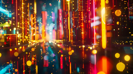 Fototapeta premium A mesmerizing abstract illustration of geometric shapes and structures bathed in colorful neon lights, casting vibrant reflections.
