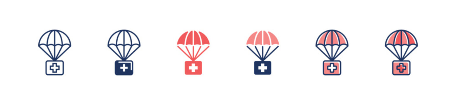 first aid medical box with parachute icon set emergency health care bag with cross symbol vector illustration for web and app