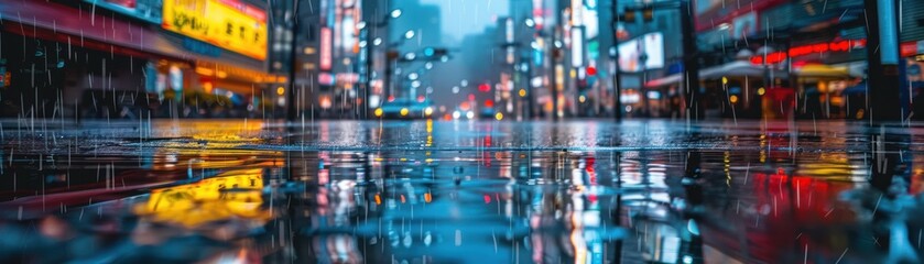 Rainy Night in the City. Experience the vibrant energy of urban life amidst a downpour. This captivating image captures the essence of street - obrazy, fototapety, plakaty
