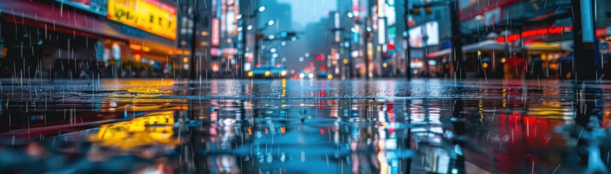 Rainy Night in the City. Experience the vibrant energy of urban life amidst a downpour. This captivating image captures the essence of street