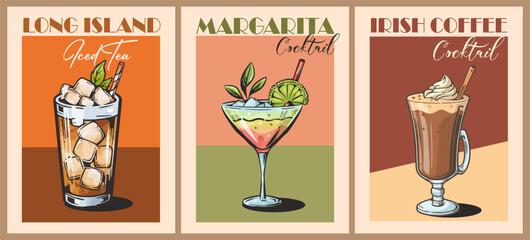 Set of Cocktail retro posters. Classic Long Island Iced Tea, Margarita, Irish Coffee cocktails digital print. Popular alcohol drinks. Vintage vector illustration, bar, pub, restaurant, kitchen decor.