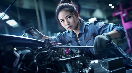 Fototapeta na wymiar Asian woman working as a car mechanic, diversity concept, portrait