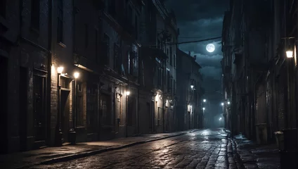 Türaufkleber A dark narrow street in a moonlit anonymous city. AI generated illustration. © Bruce