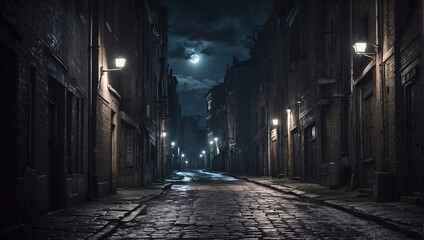 A dark narrow street in a moonlit anonymous city. AI generated illustration. - obrazy, fototapety, plakaty