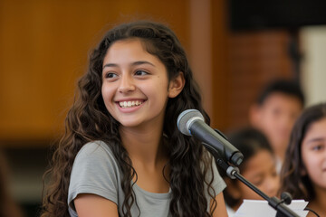One young Hispanic girl smiling and speech to school audience: Radiant teenage girl with curly hair smiling at an event, speaking into a microphone, with a blurred audience in the background.