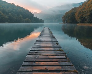 Experience the enchanting beauty of nature as you follow the wooden pathway that gently descends into the serene waters below - obrazy, fototapety, plakaty