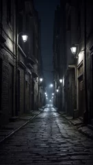 Afwasbaar Fotobehang Smal steegje A dark narrow street in a moonlit anonymous city. AI generated illustration.