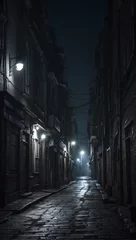 Fototapeten A dark narrow street in a moonlit anonymous city. AI generated illustration. © Bruce