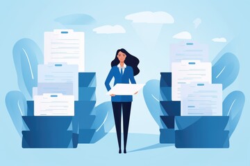 Illustration of a businesswoman managing extensive paperwork in an organized fashion, denoting efficient data management. Efficient Data Management and Bureaucracy Concept
