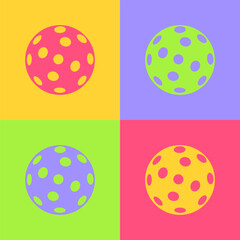 Geometric mosaic background of squares in pop art style. Colorful pickleball balls. Design template for banners, posters, postcards for sports competitions, teams, clubs     
