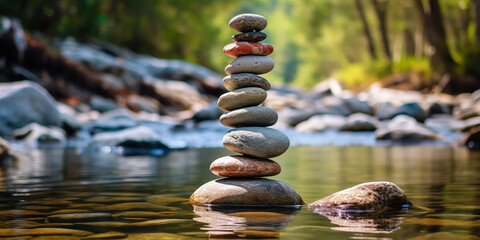 A serene pile of smoothly rounded balanced stones by a river, capturing a peaceful and meditative atmosphere during sunset