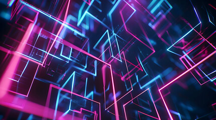A mesmerizing display of abstract geometric shapes and structures illuminated by neon lights, pulsating with energy in cyberspace against a dark background, captured in stunning high definition detail