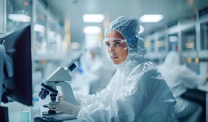Industrial Engineer or Scientist Working  in Clean Sterile Coveralls Using a Microscope, Developing Advanced Solutions for High-Tech Medical Vaccine and Gene Research - obrazy, fototapety, plakaty