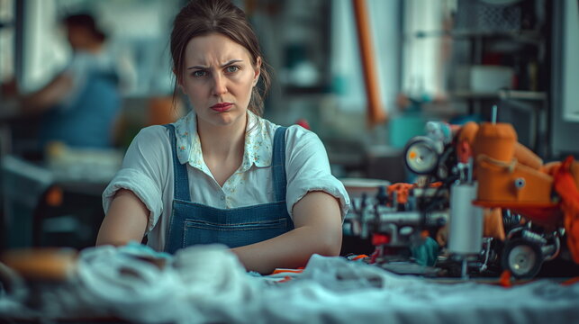 White european woman working as a seamstress, sewer using equipment, textile industry, clothes design concept, diversity. sad and emotional