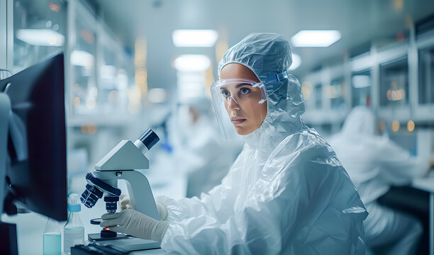 Industrial Engineer or Scientist Working  in Clean Sterile Coveralls Using a Microscope, Developing Advanced Solutions for High-Tech Medical Vaccine and Gene Research