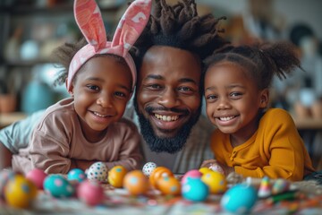Joyful African American family with Easter bunny ears smiles warmly, surrounded by vibrant eggs and...