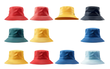 Collection of colorful bucket hats on white or transparent background