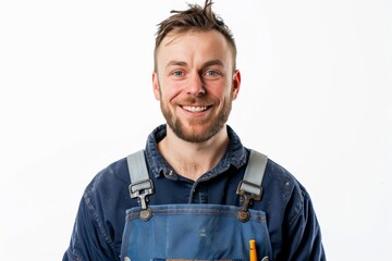 a handsome plumber stands ready with his trusty tools, offering expert service and a friendly smile to solve your plumbing needs on white background. Generative AI.