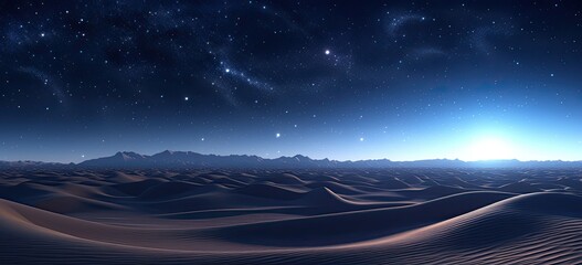 Under the canopy of a star-strewn sky, the desert landscape stretches out with undulating sand dunes, a tranquil scene illuminated by the celestial glow. - obrazy, fototapety, plakaty