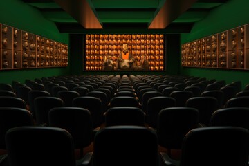 A silent cinema awaits, its empty hall lined with chairs, ready for a cinematic spectacle