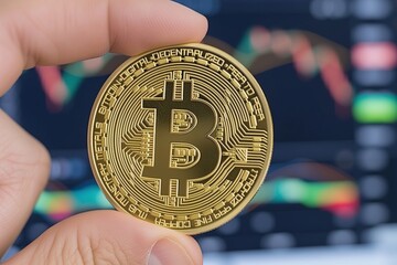 Close-up Bitcoin against trading charts, visualizing the pulse of cryptocurrency markets. Bitcoin forefront with market data background, focus on crypto trading dynamics.