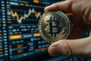 Bitcoin coin held before market chart on screen, illustrating active crypto trade. Fingers clutch Bitcoin with dynamic trading graph on display, depicting market trends.